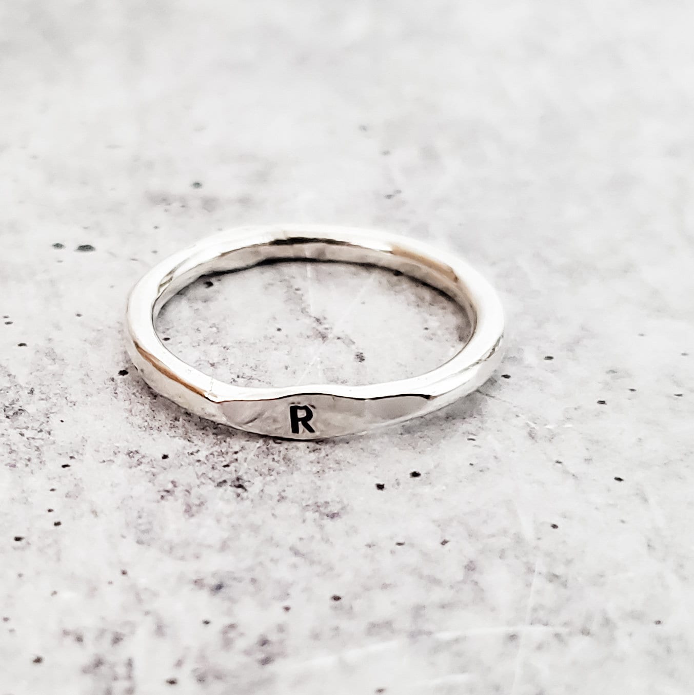 Initial Ring - Silver Stacking Ring - Rustic Handcrafted Initial Stacking Ring - Dainty Letter Ring for Her - Children Initials for Mom