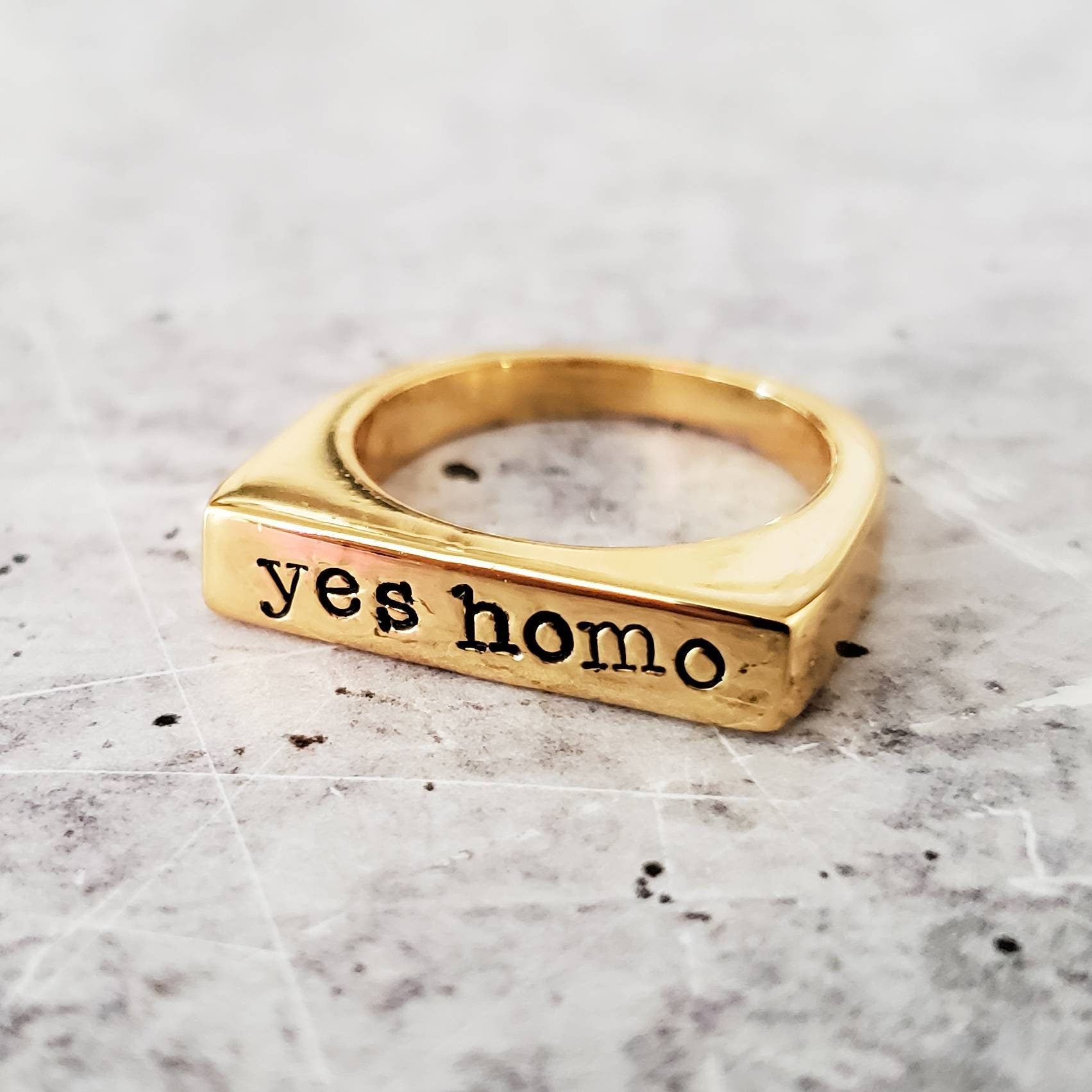 Yes Homo Pride Ring -  LGBTQIA Jewelry - Funny Gold Plated Ring for Gay Friend - Personalized for Non Binary Friend - Gay Pride Jewelry