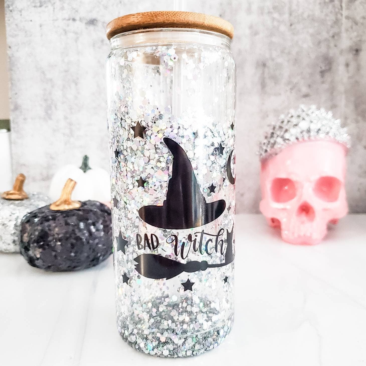 Friendly Ghosts Halloween Snowglobe Glitter Iced Coffee Cup Salt and Sparkle