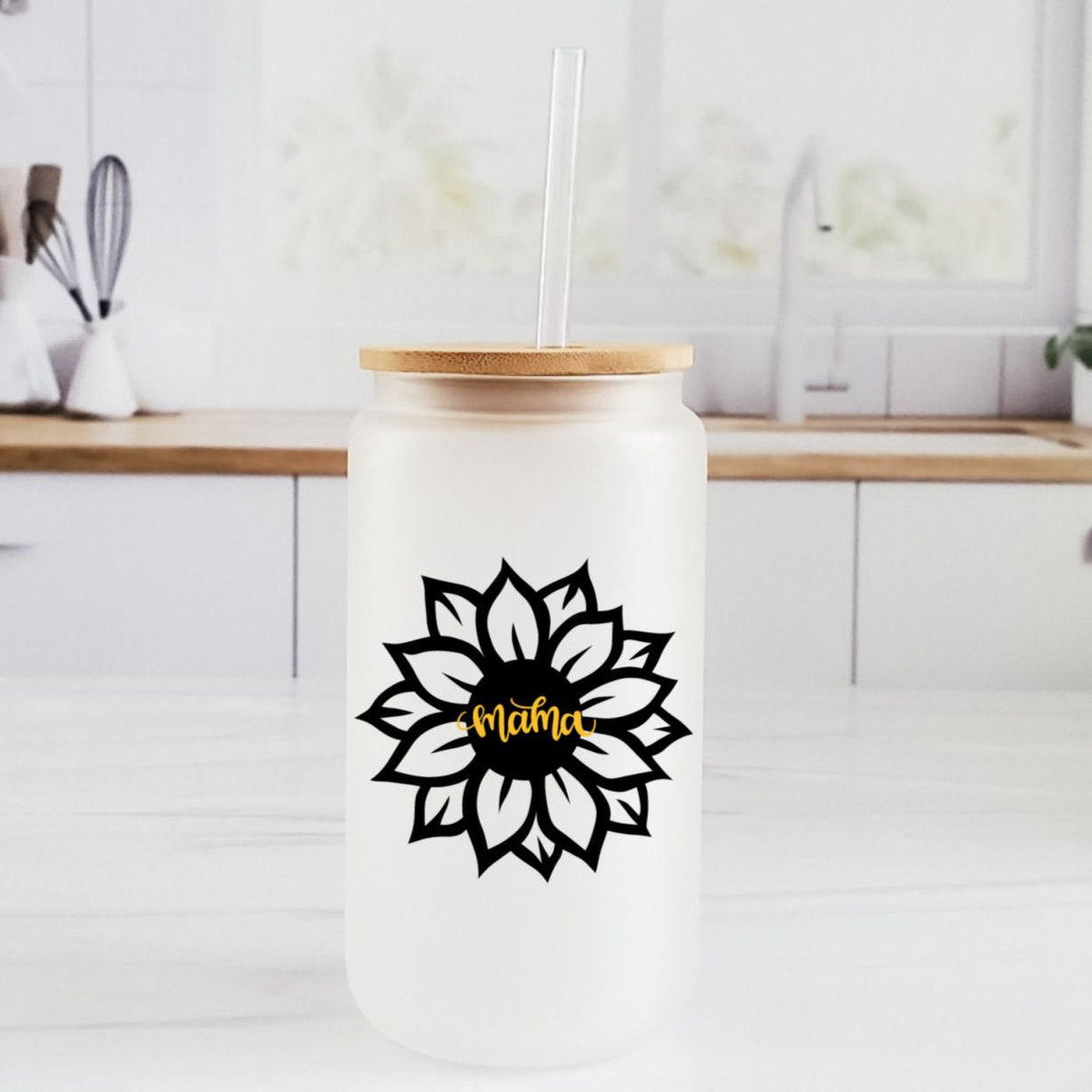 Sunflower Design 16oz Frosted Glass Can Cup with Bamboo Lid and