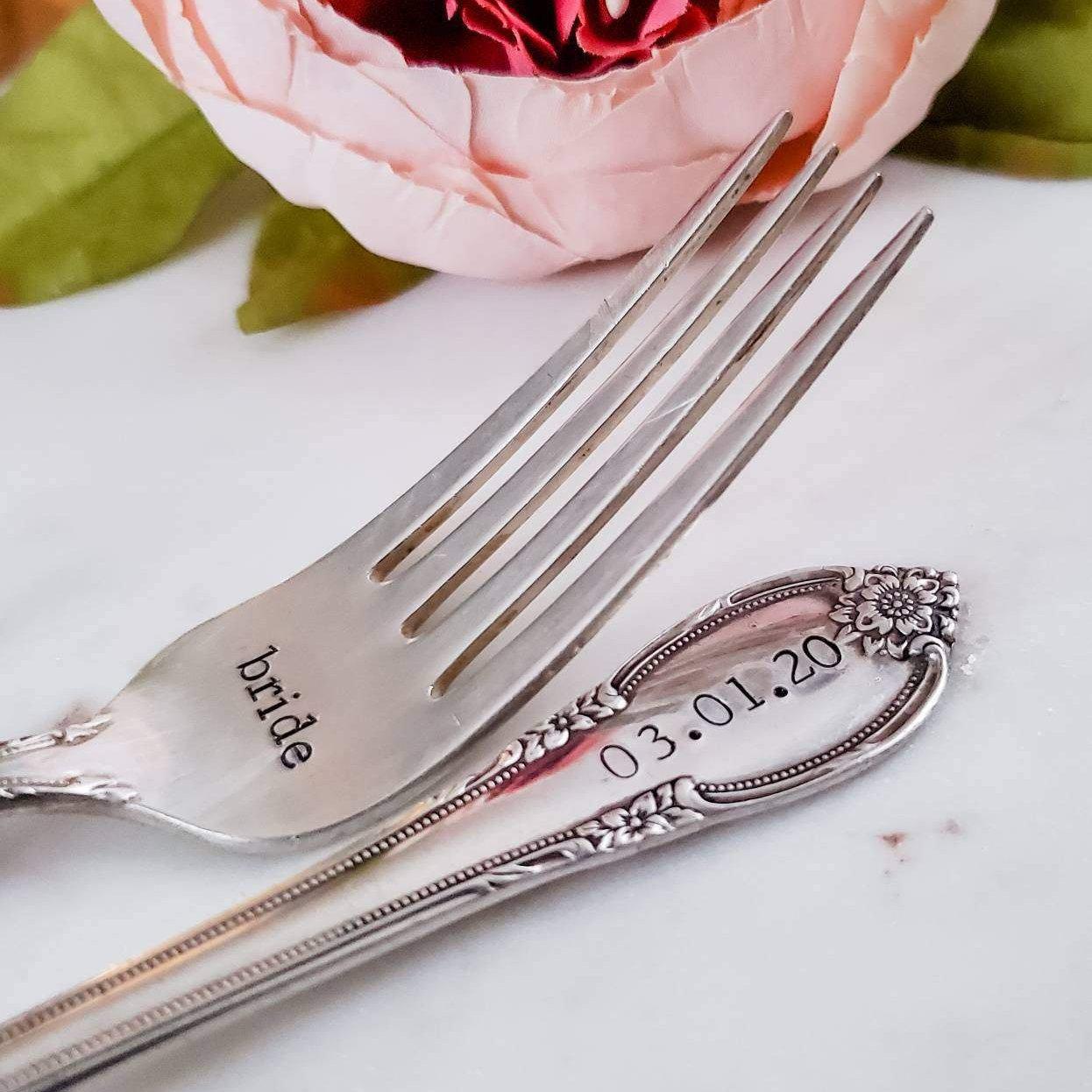 Personalized Silver Vintage Forks for Wedding Salt and Sparkle