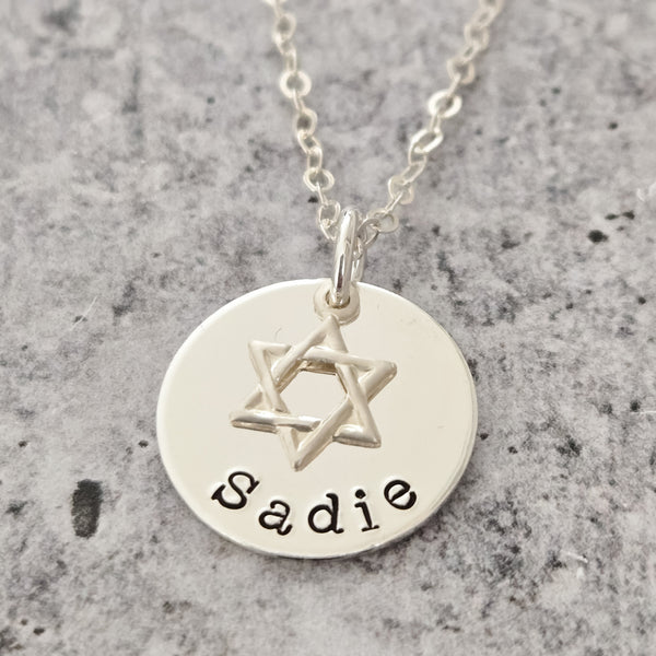 Jewish Name Necklace with Magen David Salt and Sparkle