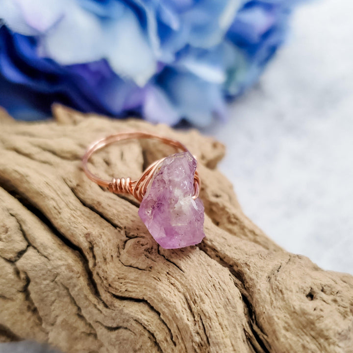 Amethyst Wire Wrapped Raw Crystal Ring Salt and Sparkle