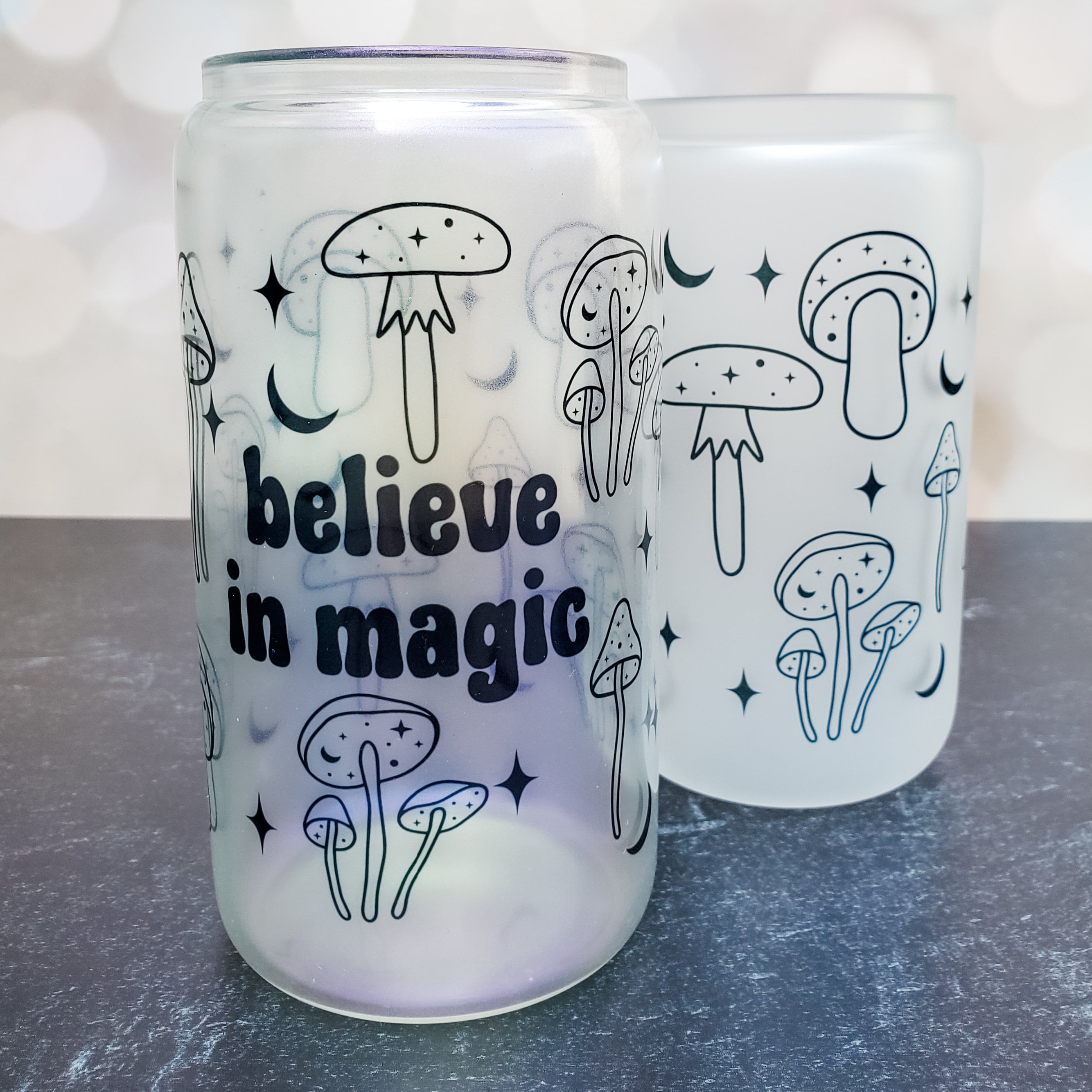 Believe in Magic Mushroom Halloween Cup - Cute Glass Can Cup for Spooky Season - Fall Mushroom Lover Halloween Glass Tumbler for Iced Coffee
