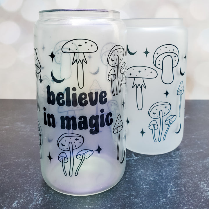 Believe in Magic Mushroom Halloween Cup - Cute Glass Can Cup for Spooky Season - Fall Mushroom Lover Halloween Glass Tumbler for Iced Coffee