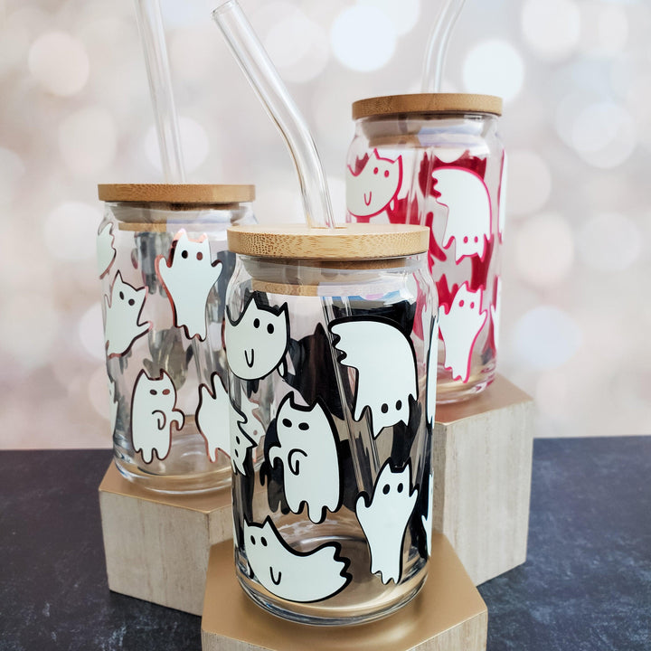 Cat Ghosts Glow in the Dark Iced Coffee Cup - Cute Kitty Halloween Beer Can Glass - Friendly Ghosts Halloween Party Cup -Gift for Cat Lover