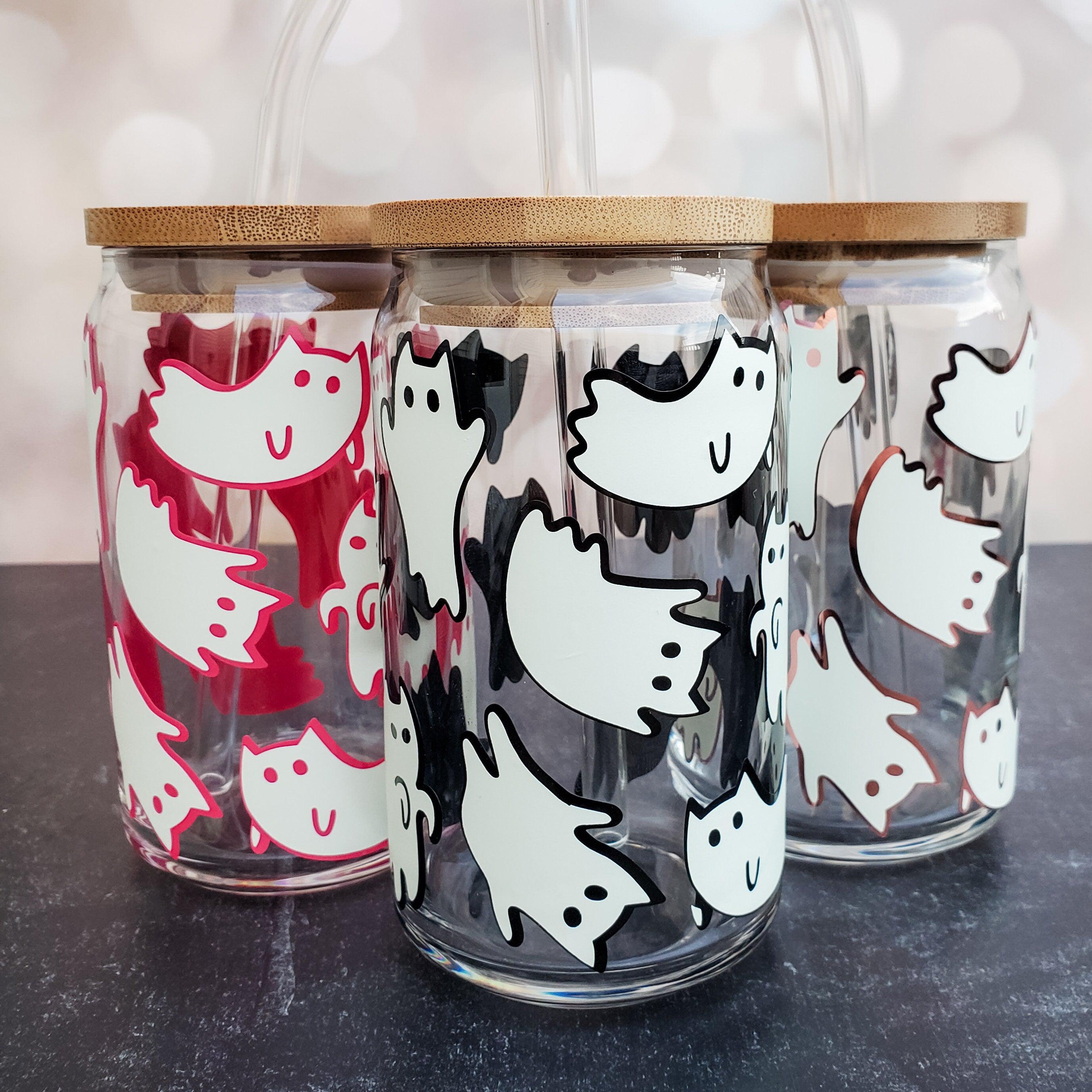 Cat Ghosts Glow in the Dark Iced Coffee Cup - Cute Kitty Halloween Beer Can Glass - Friendly Ghosts Halloween Party Cup -Gift for Cat Lover