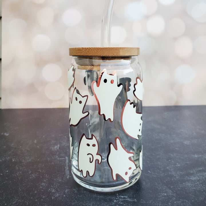 Cat Ghosts Glow in the Dark Iced Coffee Cup - Cute Kitty Halloween Beer Can Glass - Friendly Ghosts Halloween Party Cup -Gift for Cat Lover