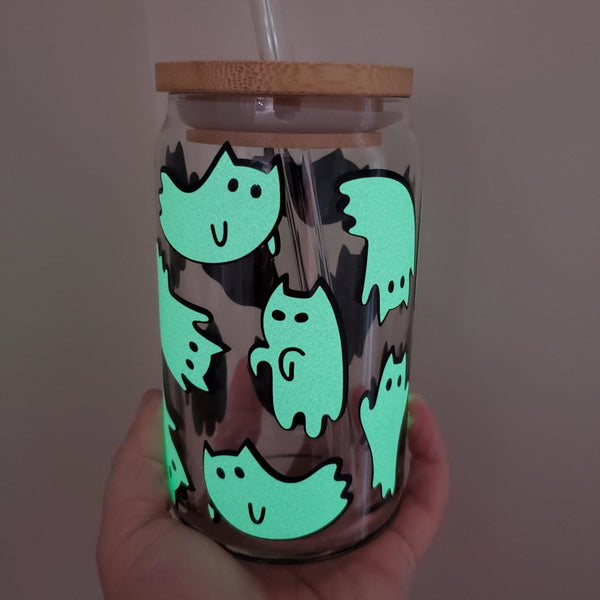 Cat Ghosts Glow in the Dark Iced Coffee Cup - Cute Kitty Halloween Beer Can Glass - Friendly Ghosts Halloween Party Cup -Gift for Cat Lover