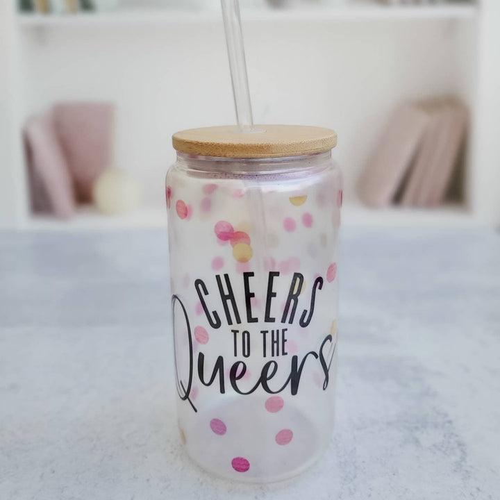 Cheers to the Queers Iridscent Glass Tumbler - Rainbow PRIDE Parade Party Cup - LQBTQIA+ Travel Cup - Glass Can Cup for Queer Non Binary