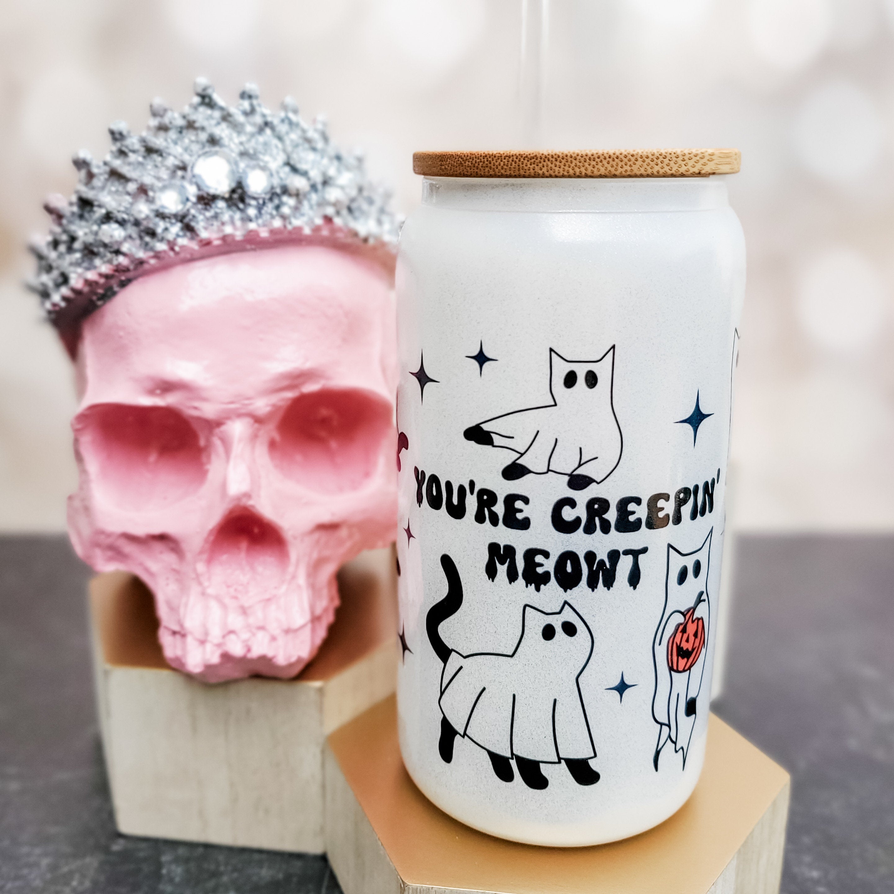 Ghost Cat Halloween Cup - Cute Glass Can Cup for Spooky Season - Fall Cat Lover Halloween Glass for Her - Black Cat Tumbler for Iced Coffee
