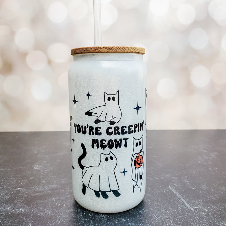 Ghost Cat Halloween Cup - Cute Glass Can Cup for Spooky Season - Fall Cat Lover Halloween Glass for Her - Black Cat Tumbler for Iced Coffee