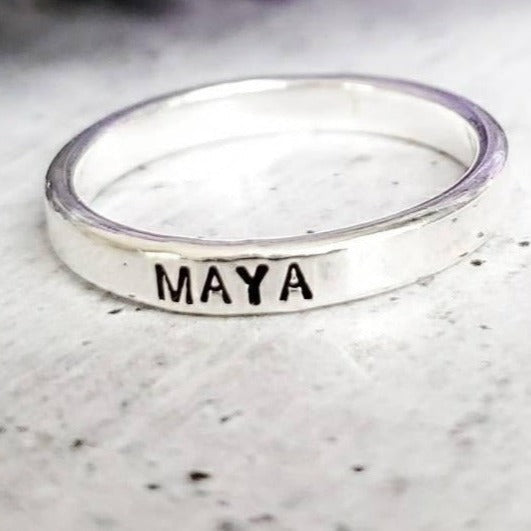 Custom Skinny Silver Name Ring Salt and Sparkle