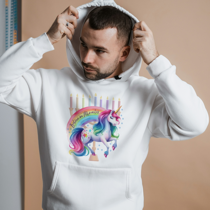 Believe in Miracles Rainbow Unicorn Hanukkah Gender Neutral Hoodie Salt and Sparkle