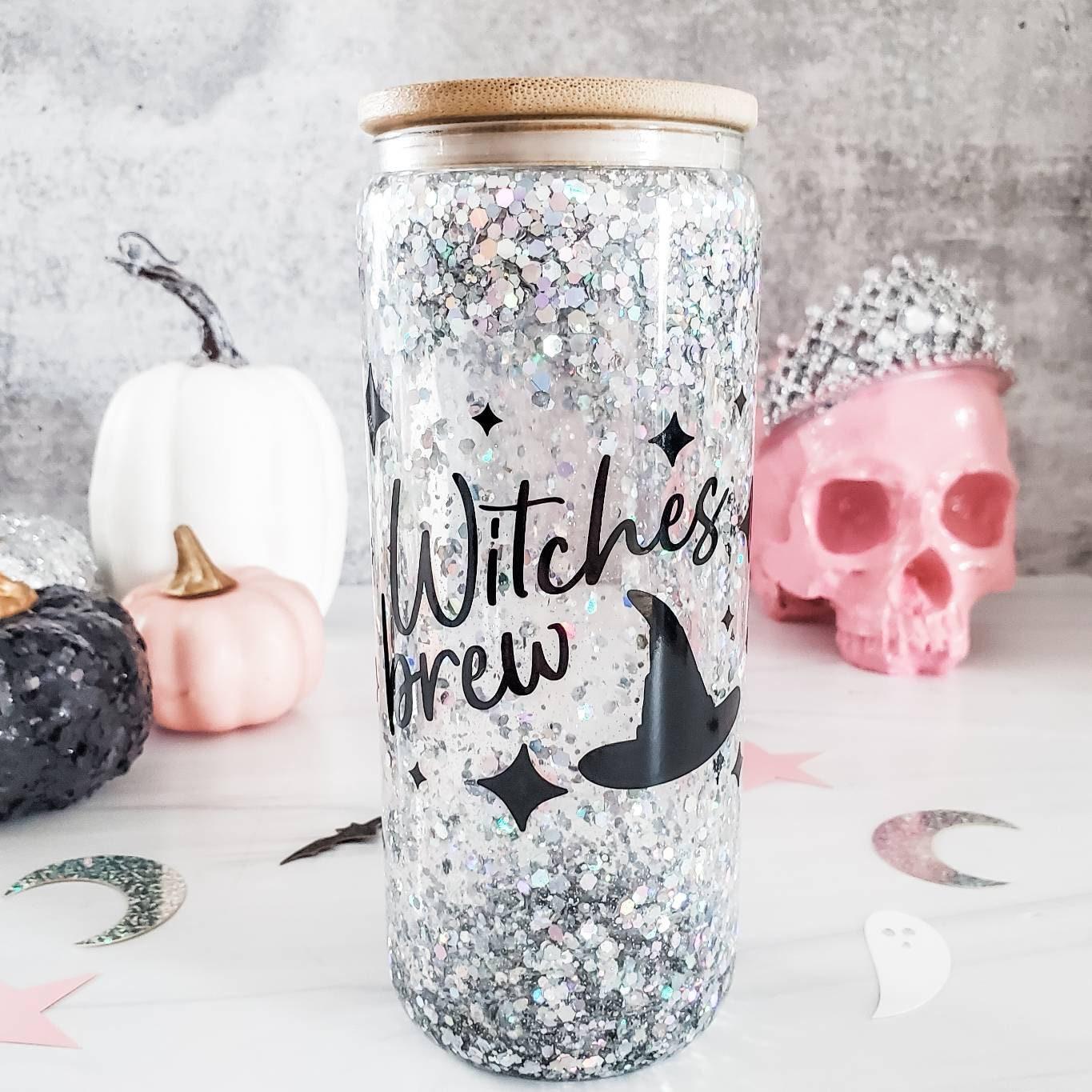 Funny Witch Halloween Snowglobe Iced Coffee Cup Salt and Sparkle