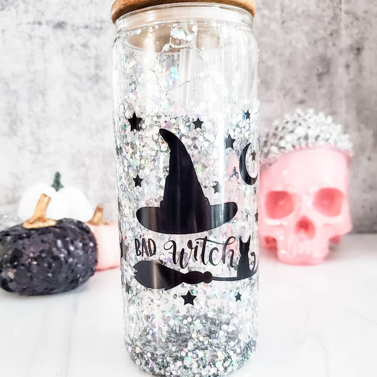 Funny Witch Halloween Snowglobe Iced Coffee Cup Salt and Sparkle