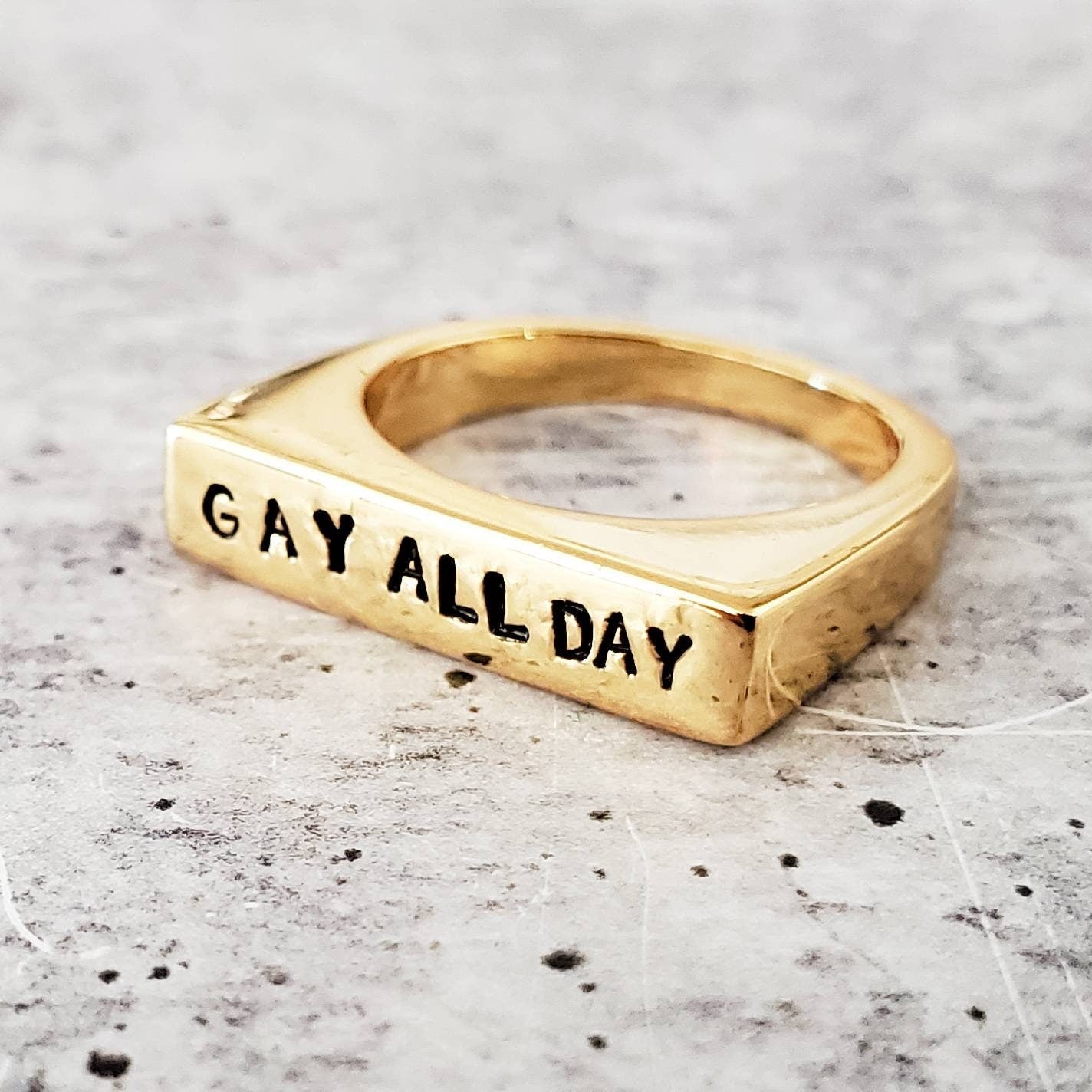 Gay All Day Ring - Le Dollar Bean Jewelry- PRIDE Ring -  LGBTQIA Jewelry - Gold Plated Flat Top Name Ring for Lesbian - Gay Pride Jewelry