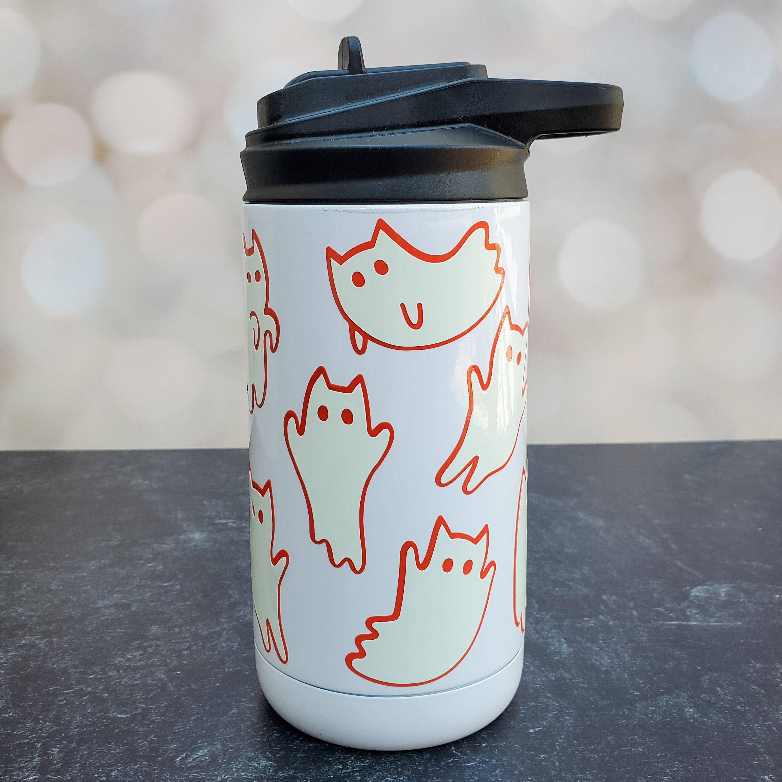 Ghost Cat Kids Cup - Glow in the Dark Preschooler Tumbler for Halloween - Cute Ghost Kitty Sippy Cup for Child - Personalized Halloween Cup