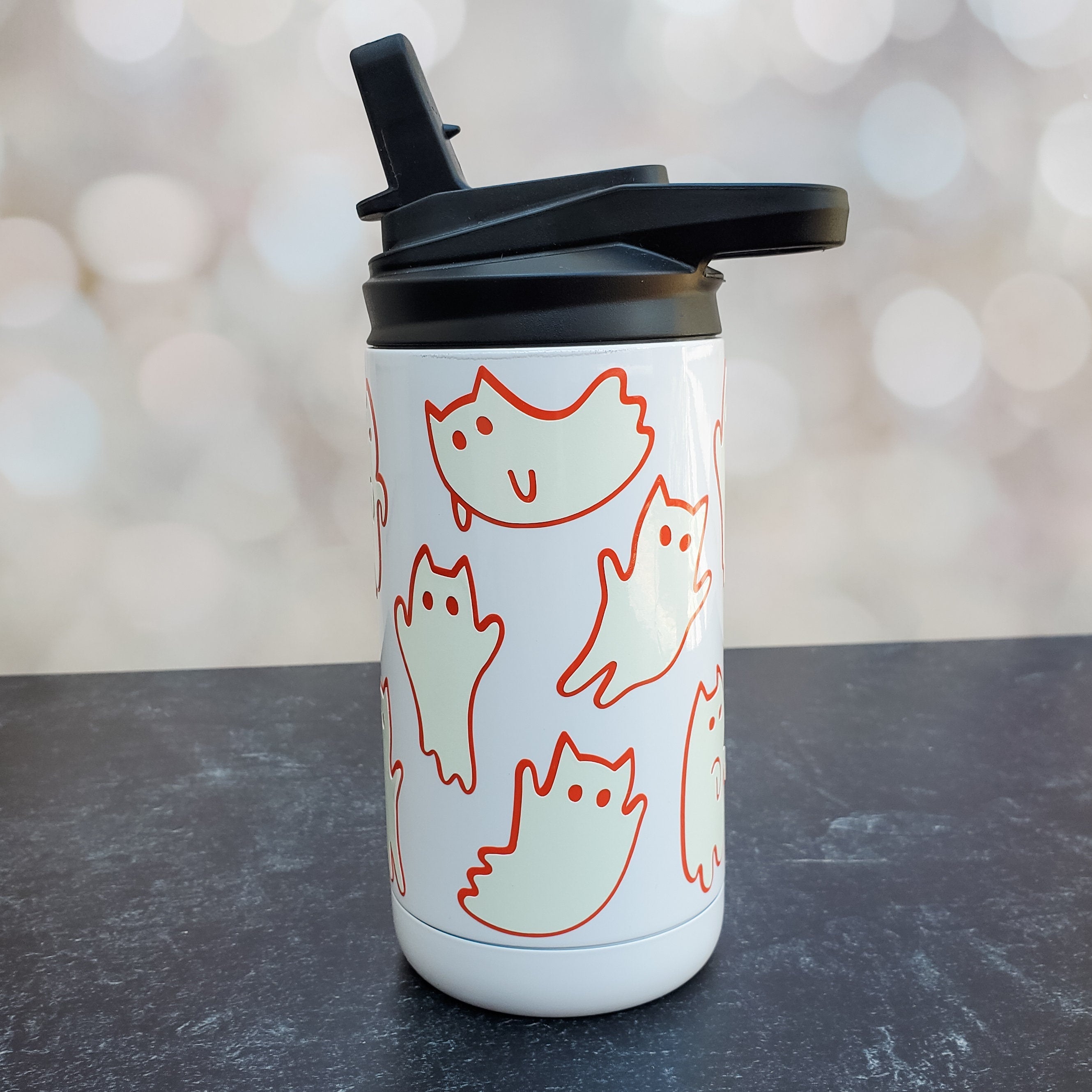 Ghost Cat Kids Cup - Glow in the Dark Preschooler Tumbler for Halloween - Cute Ghost Kitty Sippy Cup for Child - Personalized Halloween Cup