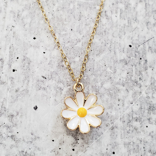 Gold Daisy Necklace - Enamel Daisy Flower Pendant -  Cute Daisy Gift for Her - Gold Daisy Charm Pendant for Teen - Layering Necklace for Mom