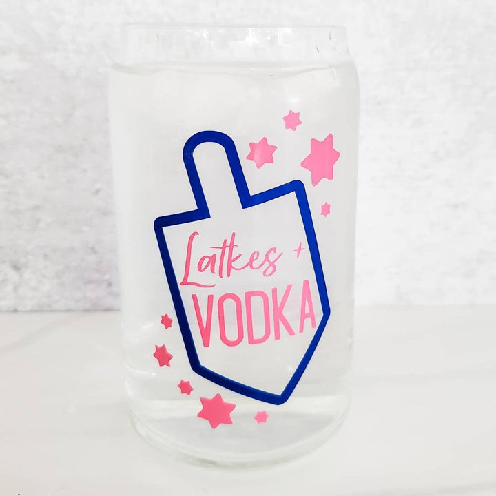 Latkes and Vodka Color Changing Hanukkah Glass Can Cup Salt and Sparkle