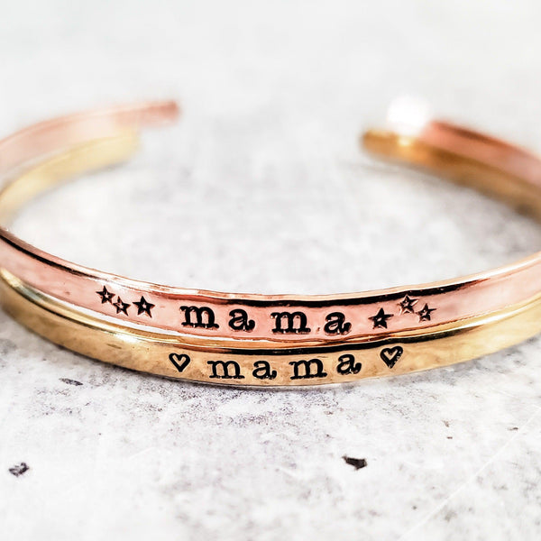 Mama Bracelet - Personalized Name Bracelet for Mom - Silver Stacking Bracelet for Mother's Day - Gold Mama Skinny Cuff Bracelet