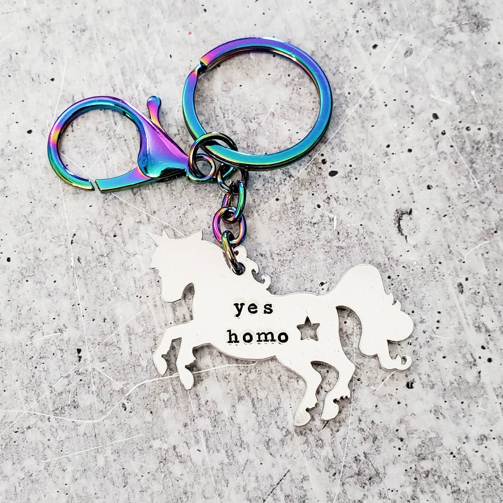 PRIDE Unicorn Keychain - Funny Queer Gift - Yes Homo Keychain - I am Enough Gift for Gay Best Friend - LGBTQIA+ Alphabet Mafia Trinket