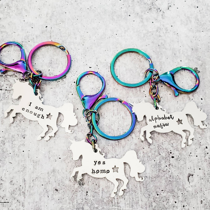 PRIDE Unicorn Keychain - Funny Queer Gift - Yes Homo Keychain - I am Enough Gift for Gay Best Friend - LGBTQIA+ Alphabet Mafia Trinket