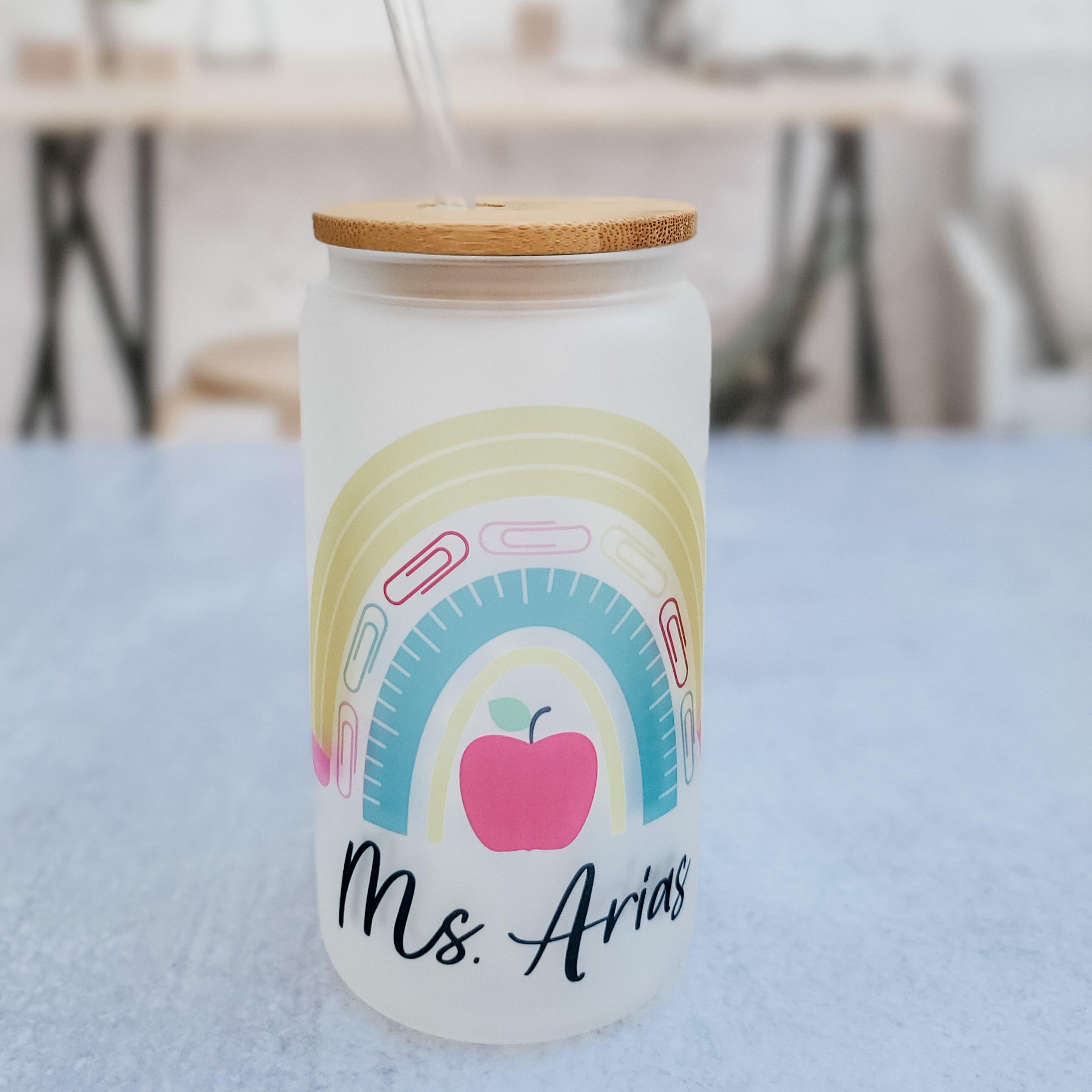 Personalized Teacher Rainbow Glass Can Cup Salt and Sparkle