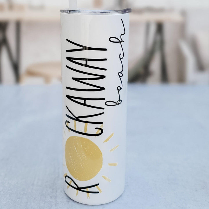 Rockaway Beach Drink Tumbler - Custom Beach Tumbler with Lid and Straw -  Vacation Town Drinkware - Girls Trip Name Cup - Summer Tumbler