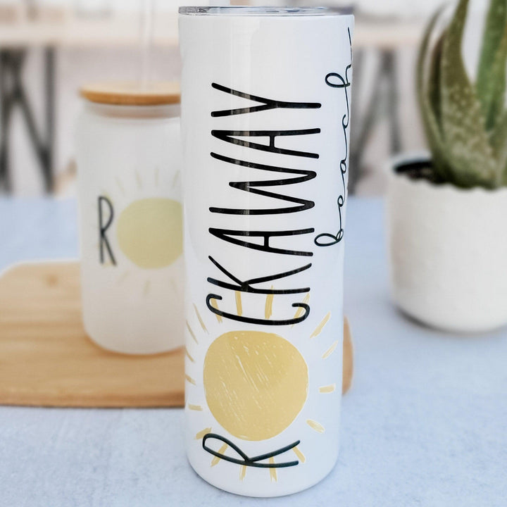 Rockaway Beach Drink Tumbler - Custom Beach Tumbler with Lid and Straw -  Vacation Town Drinkware - Girls Trip Name Cup - Summer Tumbler