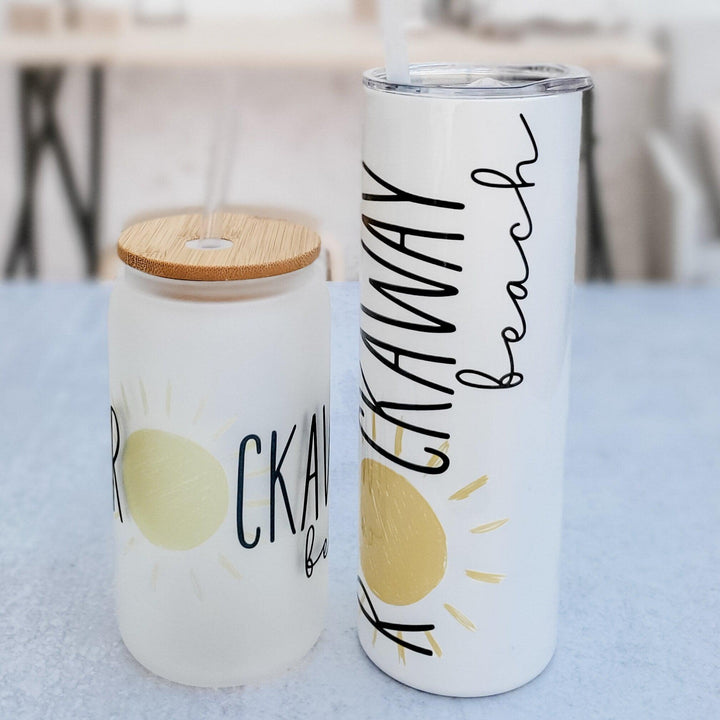 Rockaway Beach Drink Tumbler - Custom Beach Tumbler with Lid and Straw -  Vacation Town Drinkware - Girls Trip Name Cup - Summer Tumbler