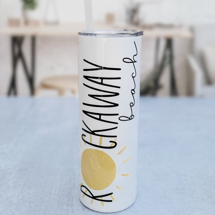 Rockaway Beach Drink Tumbler - Custom Beach Tumbler with Lid and Straw -  Vacation Town Drinkware - Girls Trip Name Cup - Summer Tumbler