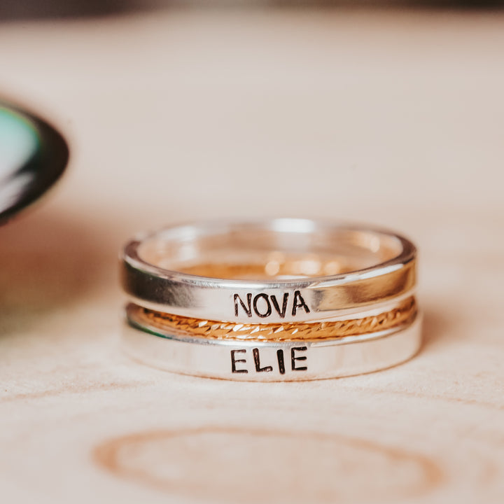 Custom Gold or Silver Stacking Name Ring Salt and Sparkle