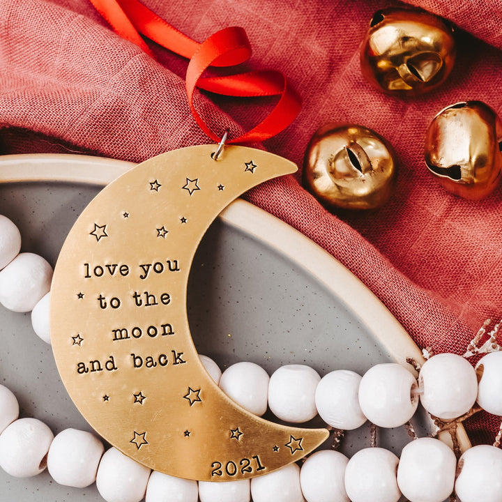 LOVE YOU TO THE MOON AND BACK Brass Moon Ornament Salt and Sparkle