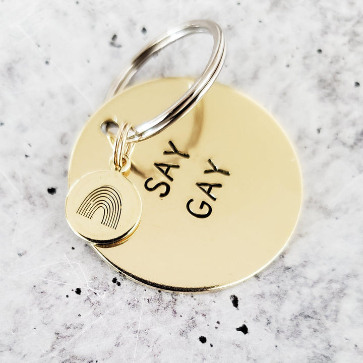 SAY GAY Political Keychain - Freedom of Speech Pride Gift for Gay Friend - Ally Keychain for LGBTQIA Rights - Queer Bag Accessory for Them