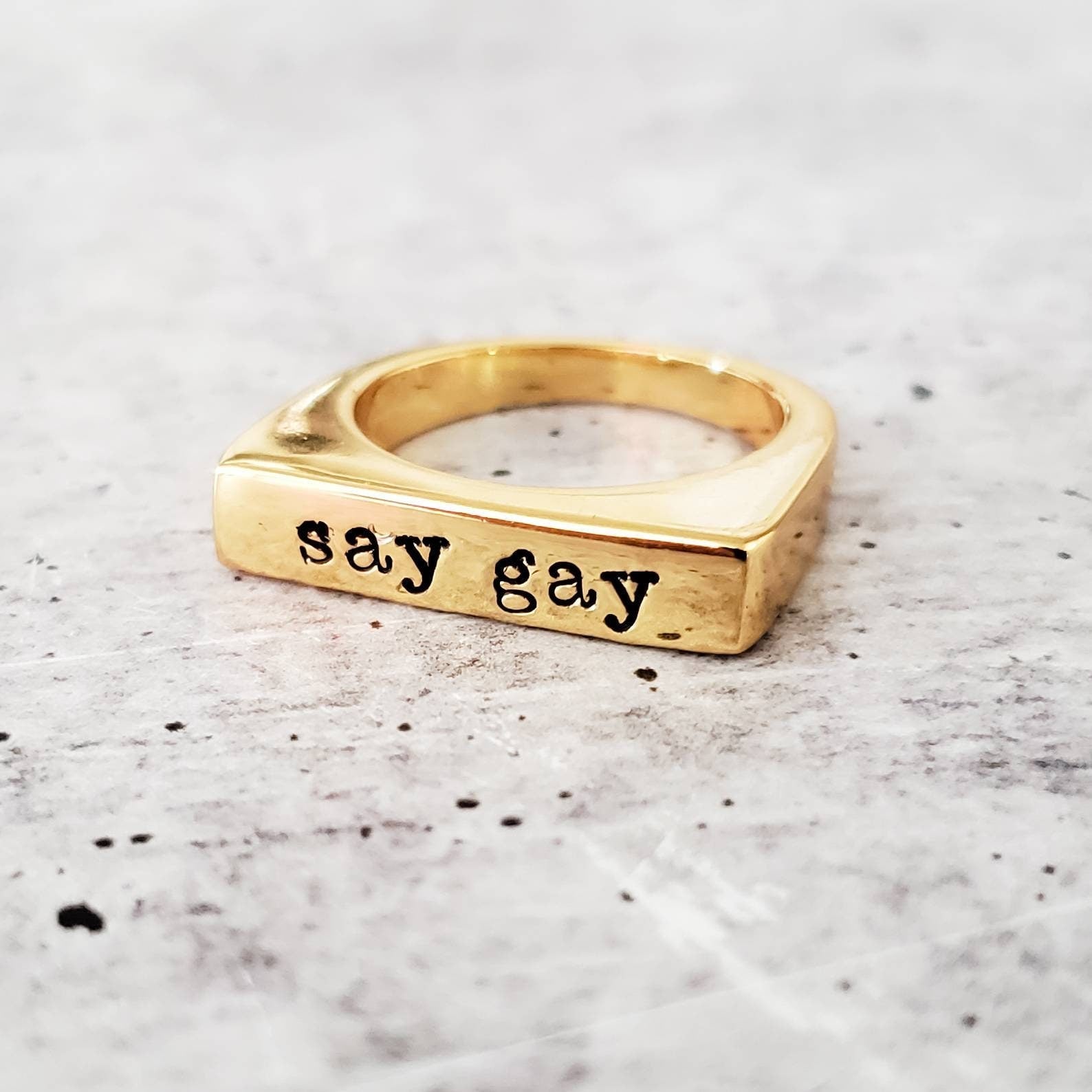 Say Gay Pride Ring -  LGBTQIA Jewelry - Political Gold Plated Ring - Personalized for Non Binary - Gay Pride Jewelry for Ally - Pride Month