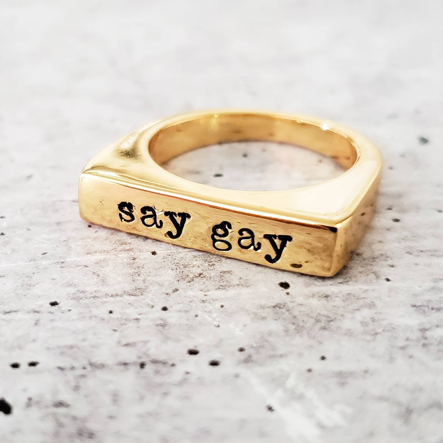 Say Gay Pride Ring -  LGBTQIA Jewelry - Political Gold Plated Ring - Personalized for Non Binary - Gay Pride Jewelry for Ally - Pride Month