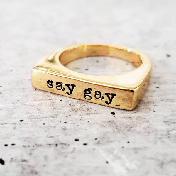 Say Gay Pride Ring -  LGBTQIA Jewelry - Political Gold Plated Ring - Personalized for Non Binary - Gay Pride Jewelry for Ally - Pride Month