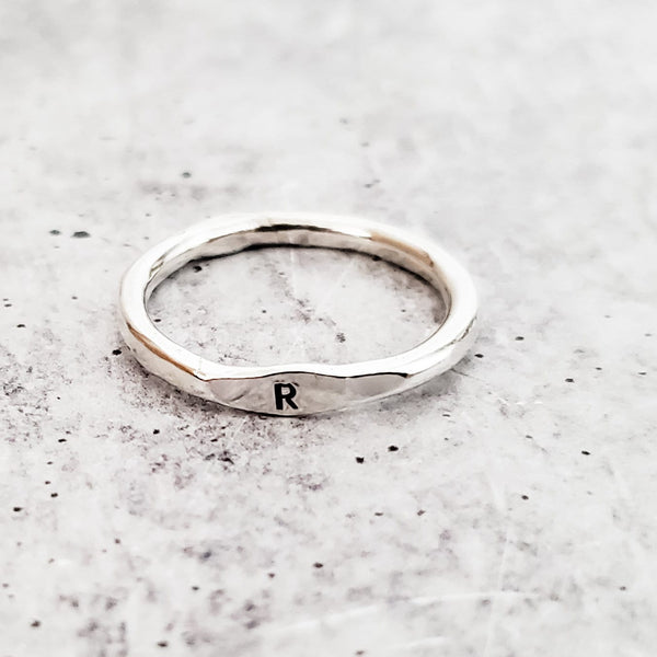 Initial Ring - Silver Stacking Ring - Rustic Handcrafted Initial Stacking Ring - Dainty Letter Ring for Her - Children Initials for Mom