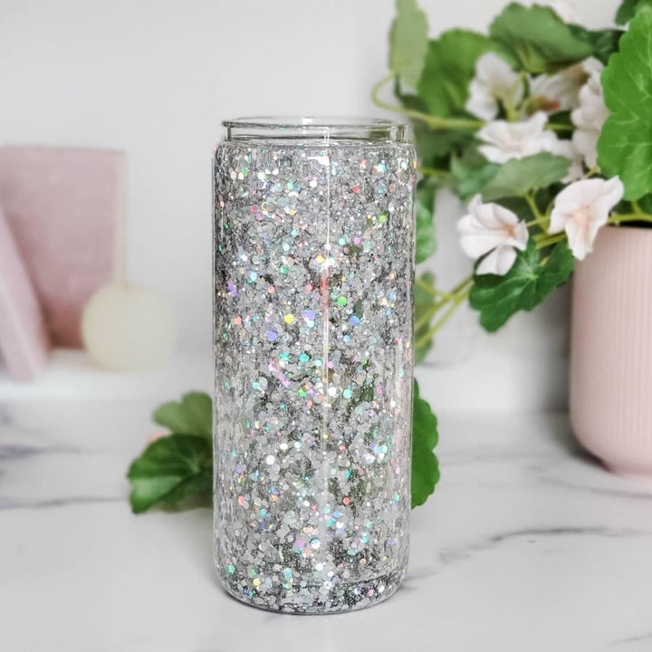 Snowglobe Glass Can Cup Drink Tumbler Salt and Sparkle