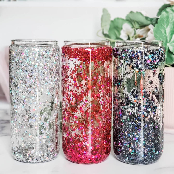 Snowglobe Glass Can Cup Drink Tumbler Salt and Sparkle