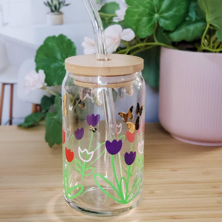 Springtime Flowers Glass Can Cup - Flower Glass Can Cup for Iced Coffee Lover - Outdoor Patio Drinkware for Summer Parties - Gift for Friend