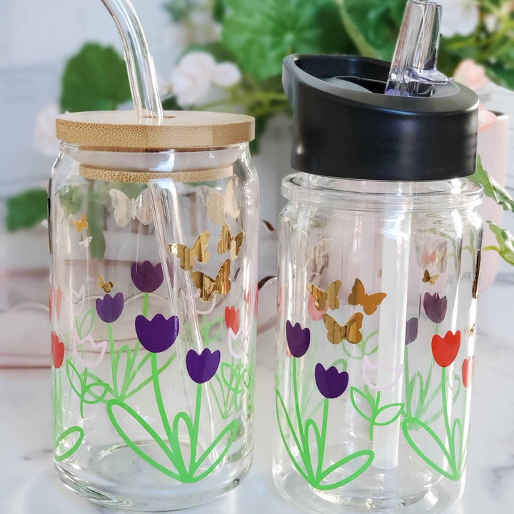 Springtime Flowers Glass Can Cup - Flower Glass Can Cup for Iced Coffee Lover - Outdoor Patio Drinkware for Summer Parties - Gift for Friend