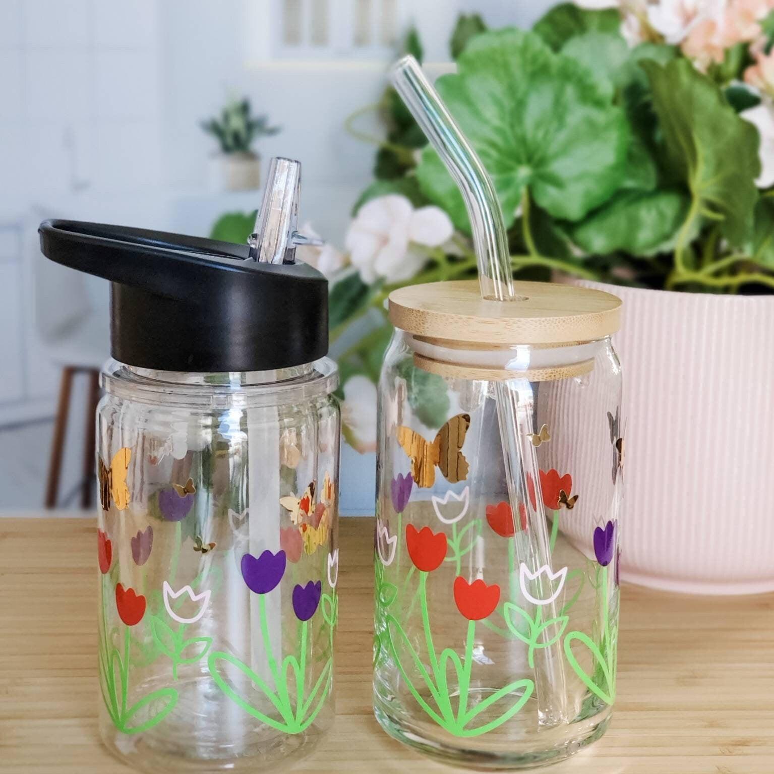 Springtime Flowers Glass Can Cup - Flower Glass Can Cup for Iced Coffee Lover - Outdoor Patio Drinkware for Summer Parties - Gift for Friend