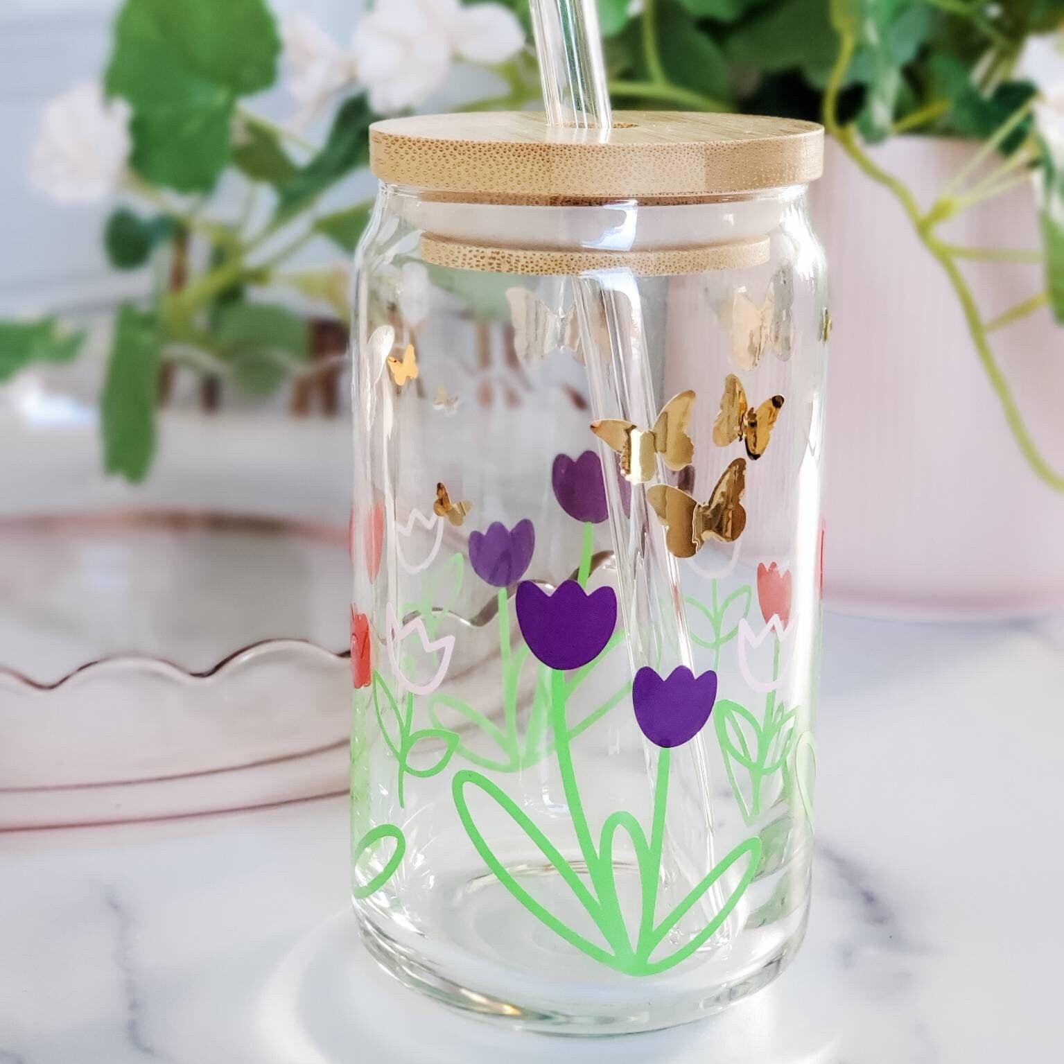 Springtime Flowers Glass Can Cup - Flower Glass Can Cup for Iced Coffee Lover - Outdoor Patio Drinkware for Summer Parties - Gift for Friend