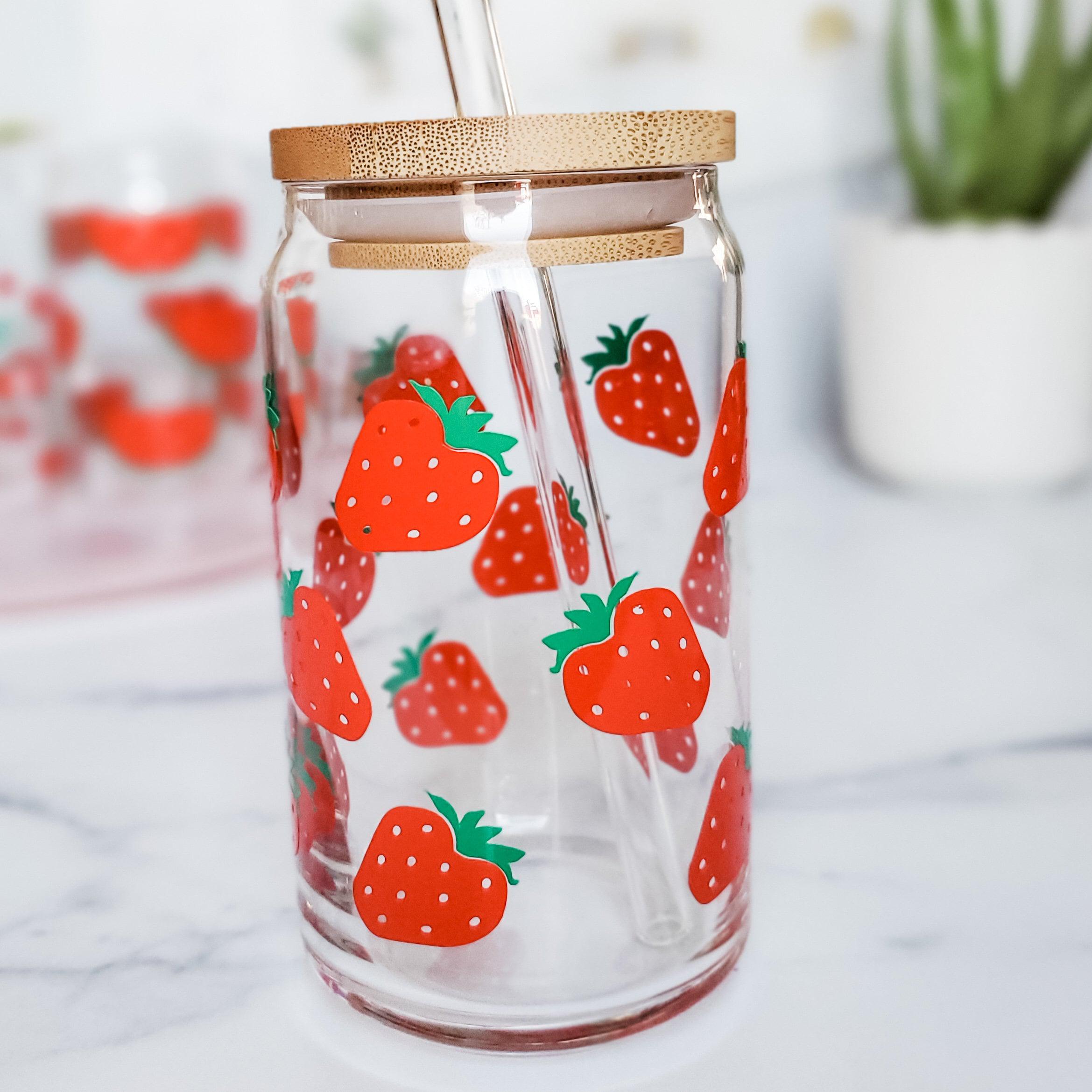 Strawberry Summer Glass Iced Coffee Cup - Strawberry Snow Globe Tumbler - Strawberry Beer Can Glass with Bamboo Lid - Summer Drink Tumbler