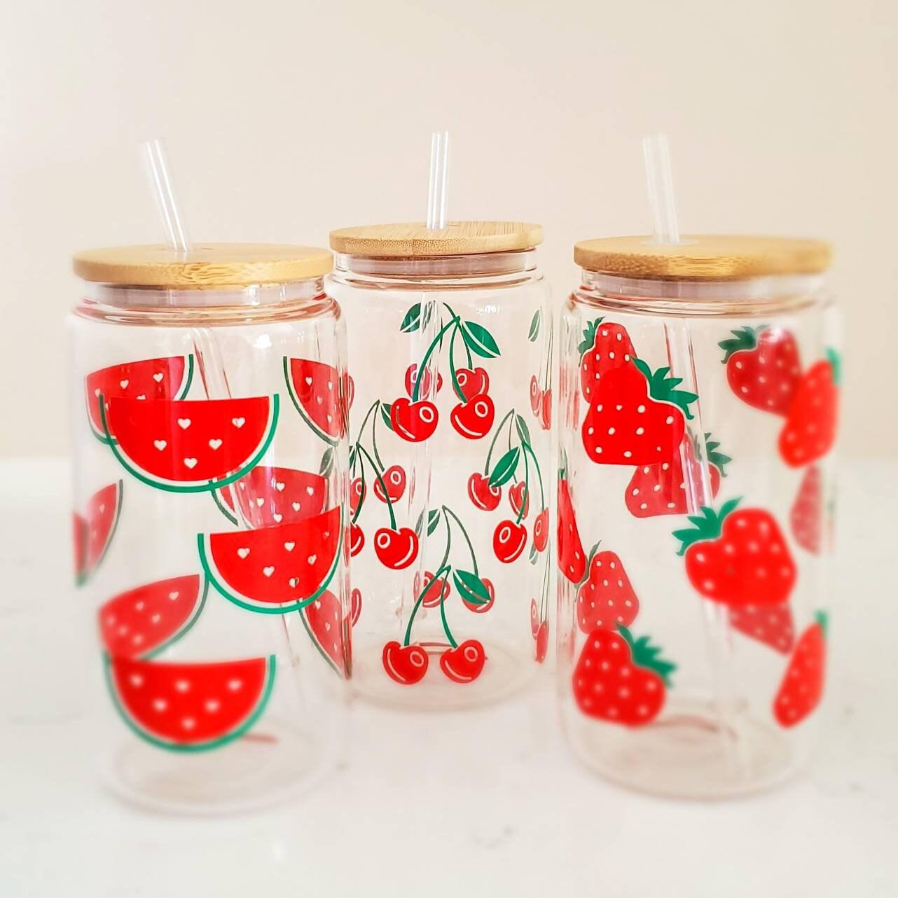Strawberry Summer Glass Iced Coffee Cup - Strawberry Snow Globe Tumbler - Strawberry Beer Can Glass with Bamboo Lid - Summer Drink Tumbler