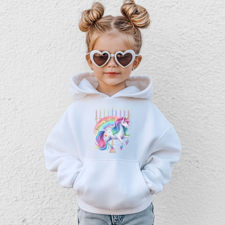 Believe in Miracles Rainbow Unicorn Hanukkah Youth Heavy Blend Hoodie Salt and Sparkle