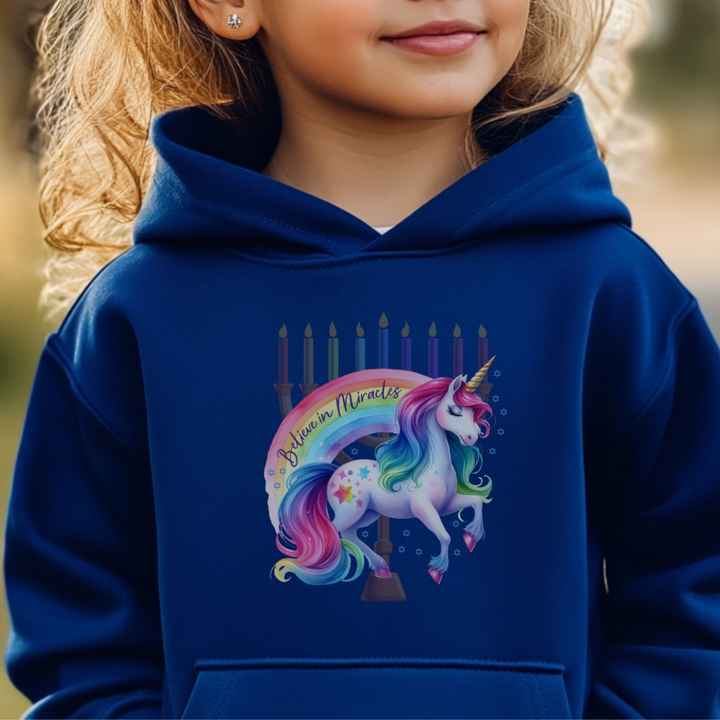 Believe in Miracles Rainbow Unicorn Hanukkah Youth Heavy Blend Hoodie Salt and Sparkle